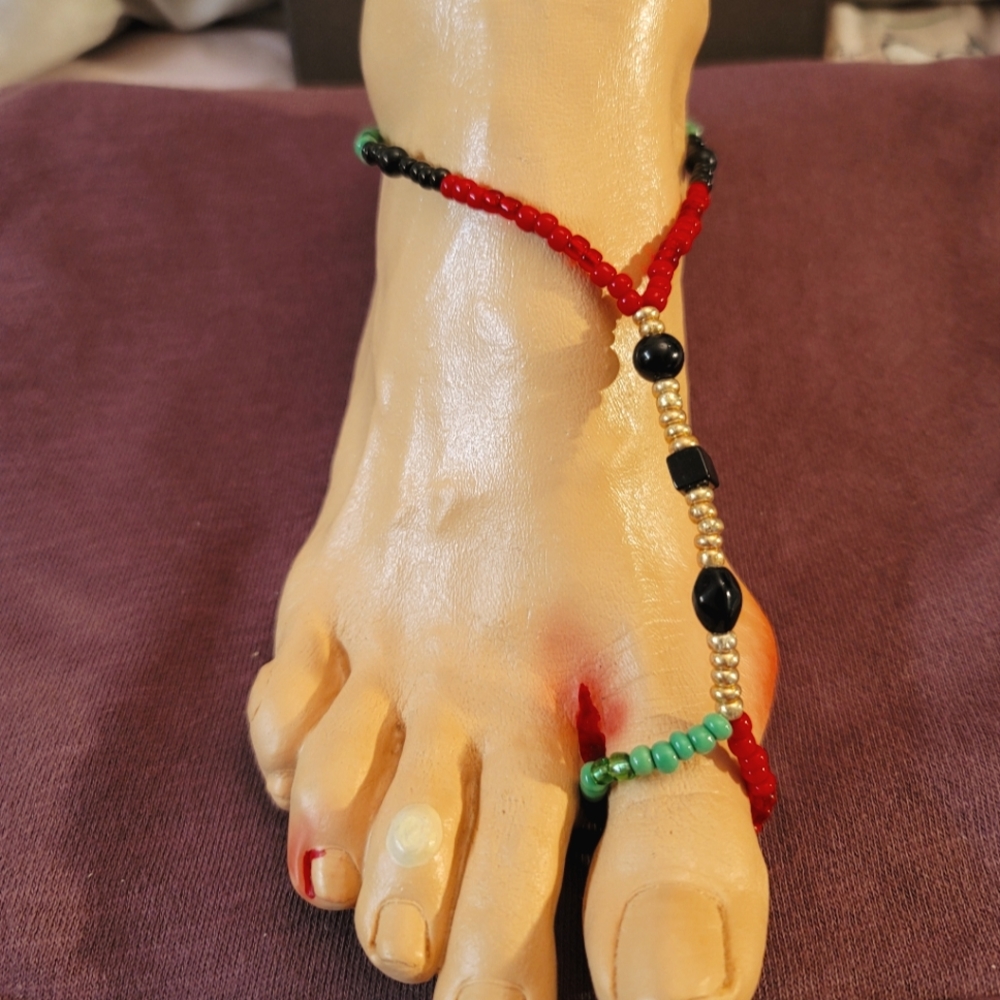Barefoot Sandal- handmade. Red, black, green and gold.